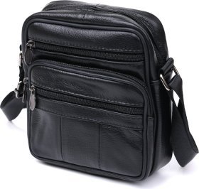 Шкіряна невелика чоловіча сумка-планшет чорного кольору з ремінцем на плече Vintage (20370)