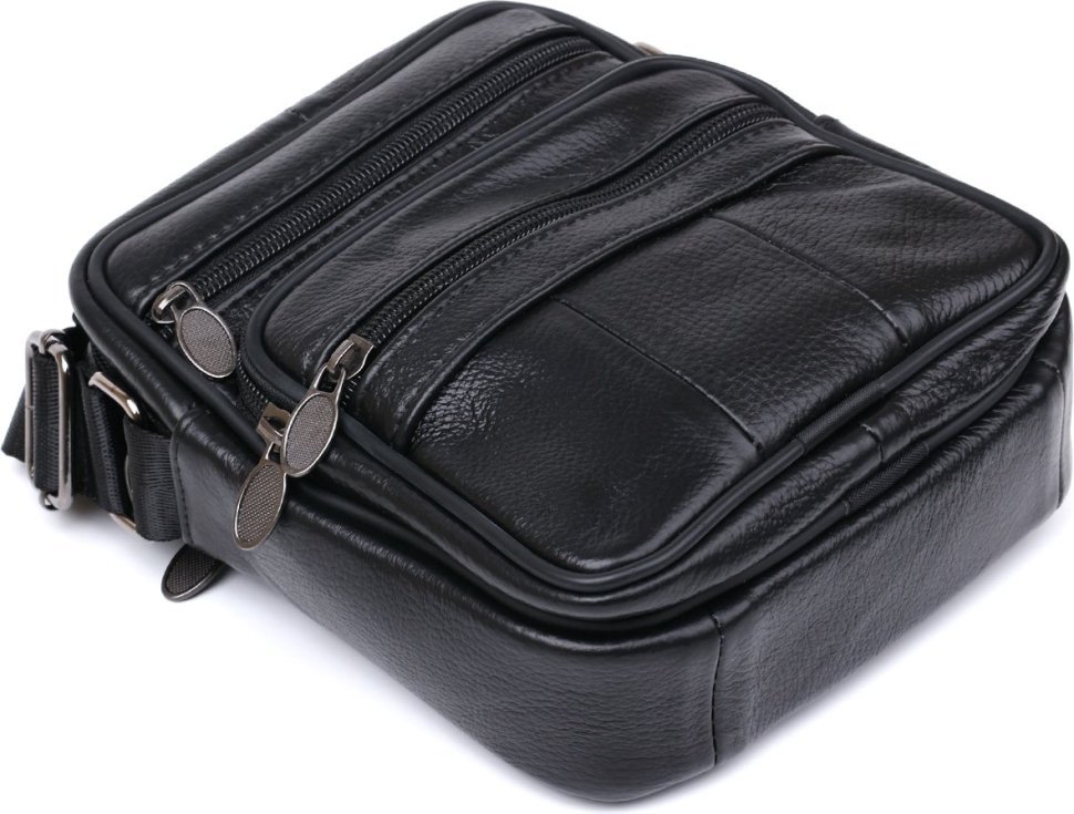 Кожаная небольшая мужская сумка-планшет черного цвета с ремешком на плечо Vintage (20370)