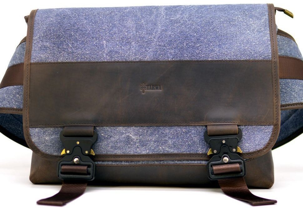 Эксклюзивная мужская текстильная сумка через плечо голубого цвета TARWA (19952)