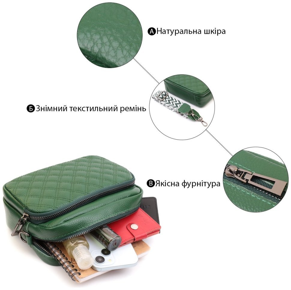 Женская сумка кросс-боди с ромбовидной строчкой из натуральной кожи Vintage 22635 Зеленая modnotak фото №4