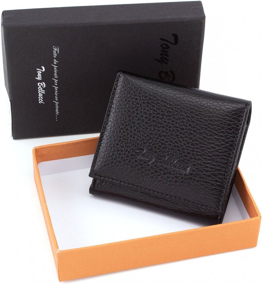 Жіночий гаманець з натуральної чорної шкіри з фіксацією на кнопці Tony Bellucci (10615)