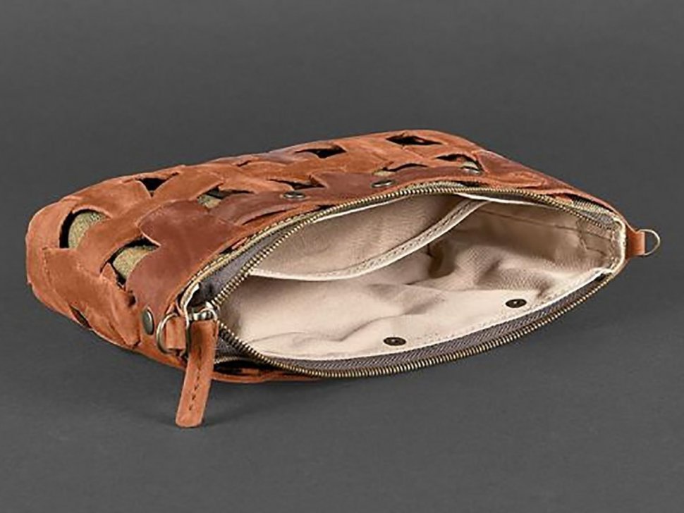 Винтажная плетеная сумка из натуральной кожи в светло-коричневом цвете BlankNote Пазл S (12753)