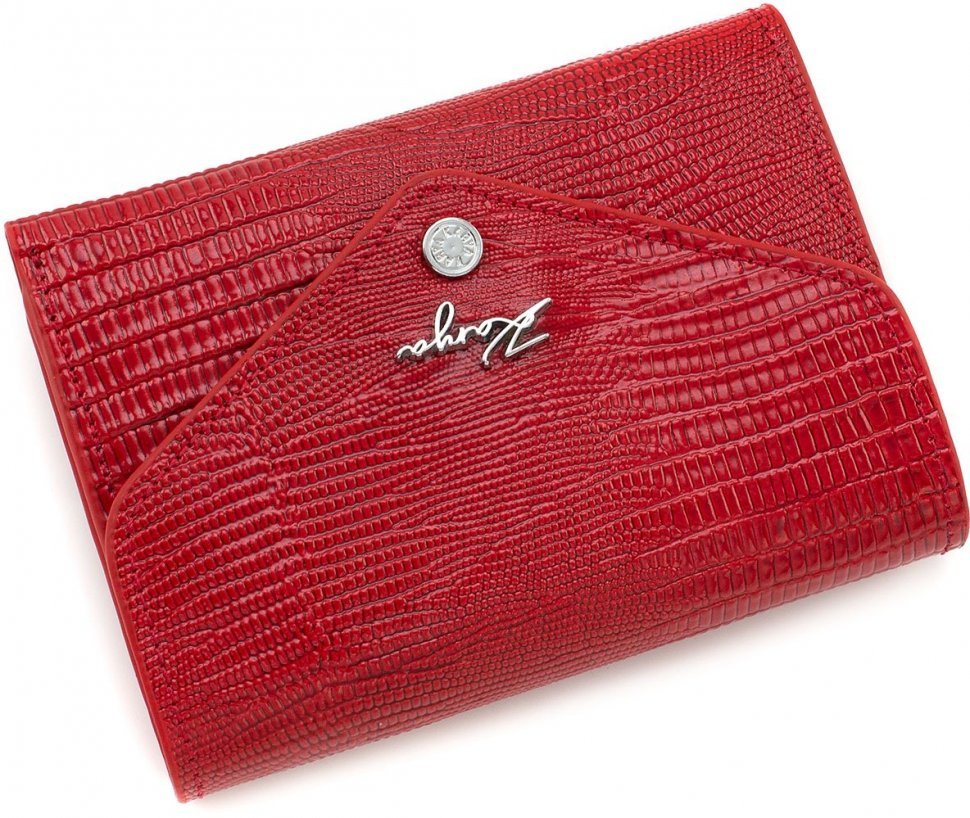 Женский красный кошелек на кнопке из лаковой кожи с фактурой змеи KARYA (19986)