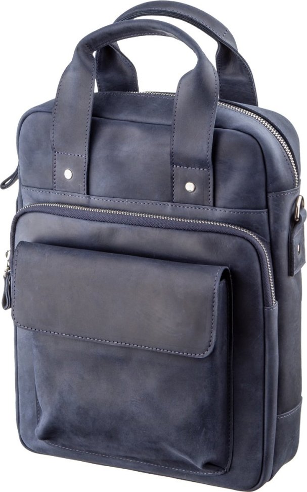 Синяя мужская вертикальная сумка под формат А4 из кожи Crazy Horse - SHVIGEL (11170)