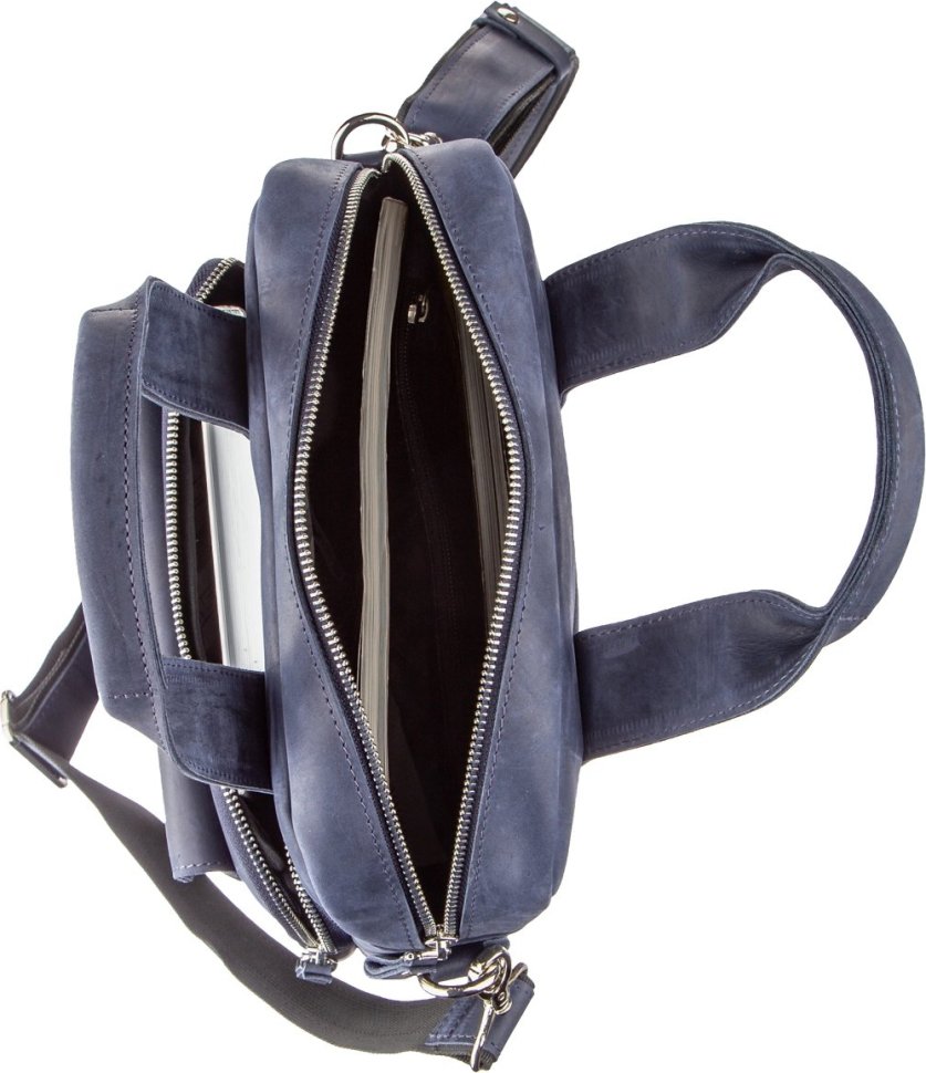 Синяя мужская вертикальная сумка под формат А4 из кожи Crazy Horse - SHVIGEL (11170)