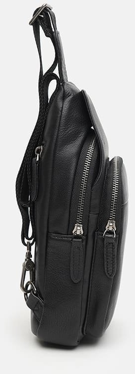Добротний чоловічий рюкзак-слінг із натуральної зернистої шкіри чорного кольору Ricco Grande (22092)