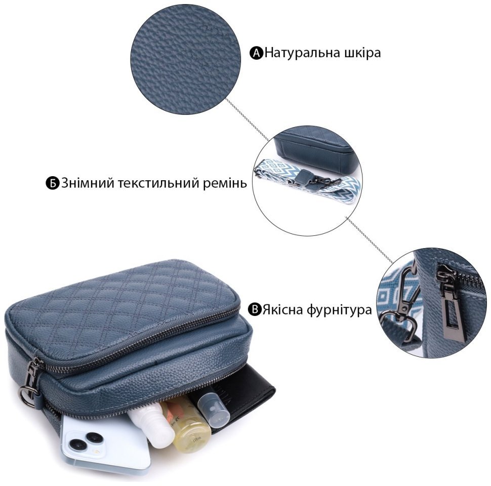 Женская кожаная сумка с ромбовидной строчкой Vintage 22636 Синяя фото №4 Женская кожаная сумка с ромбовидной строчкой Vintage 22636 Синяя modnotak фото №4