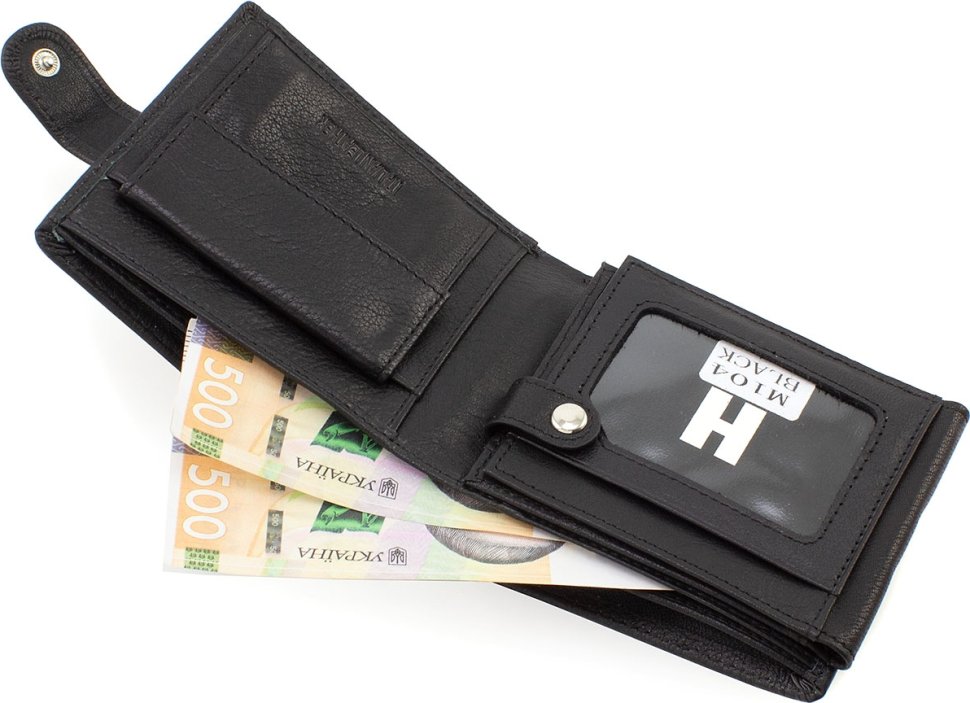 Мужское кожаное портмоне черного цвета с блоком под карты и документы H-Leather Accessories (21532)