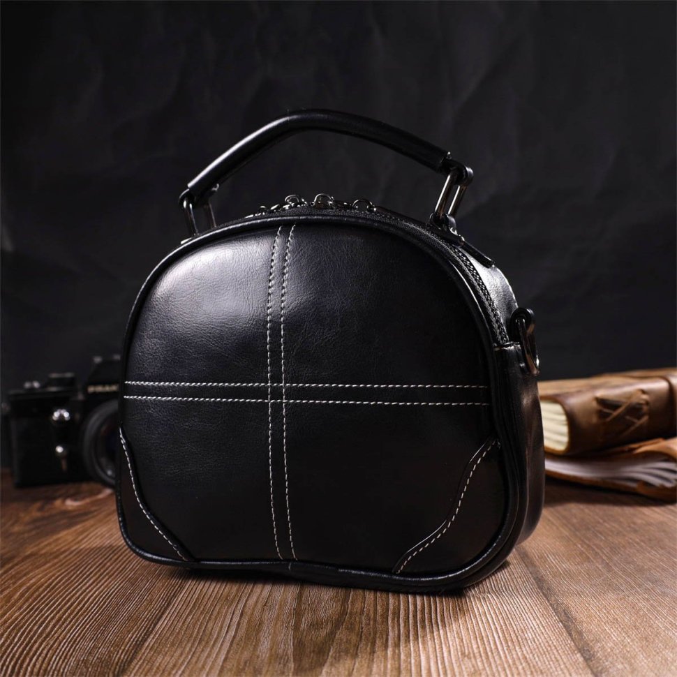 Маленька жіноча сумка з натуральної шкіри чорного кольору на дві блискавки Vintage (2422130)