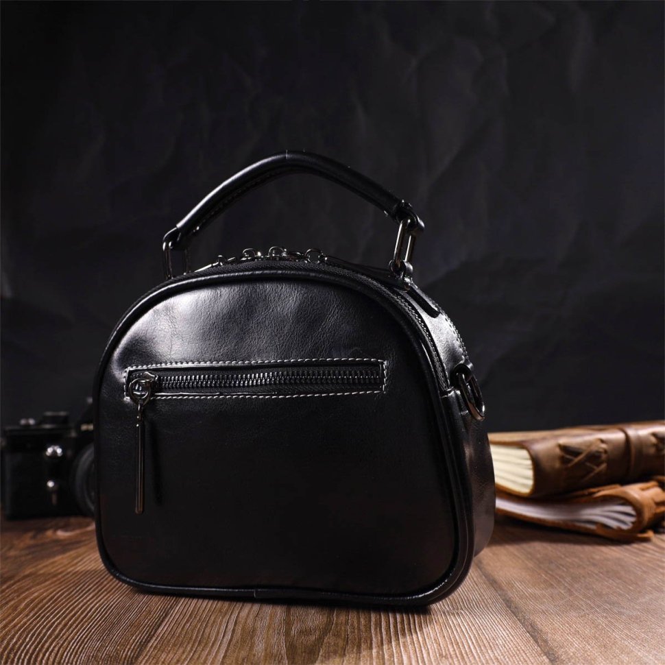 Маленька жіноча сумка з натуральної шкіри чорного кольору на дві блискавки Vintage (2422130)