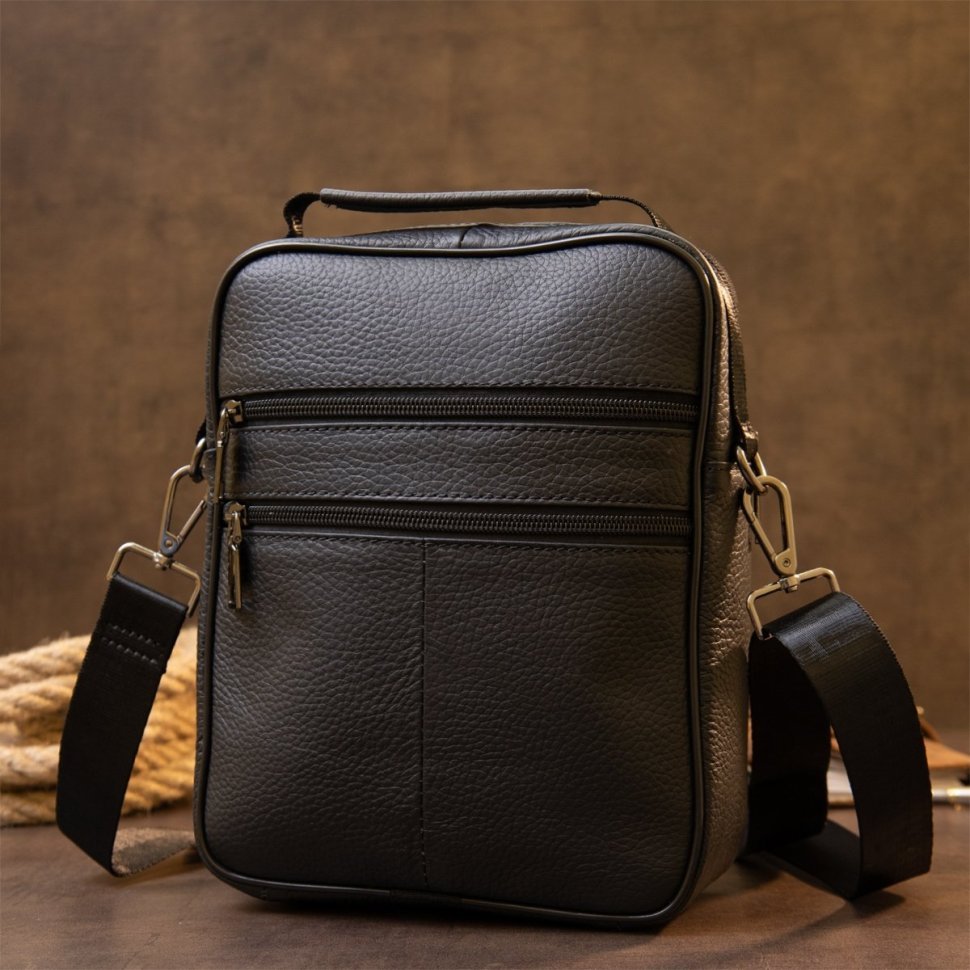 Черная мужская вертикальная сумка-барсетка из черной кожи Vintage (20393)