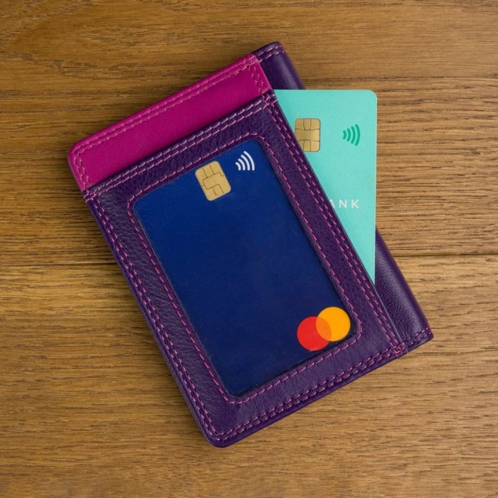 Картхолдер из натуральной кожи на кнопке с ID-окошком для документов Visconti RB111 фиолетовый/разноцветный 95480 modnotak фото №6