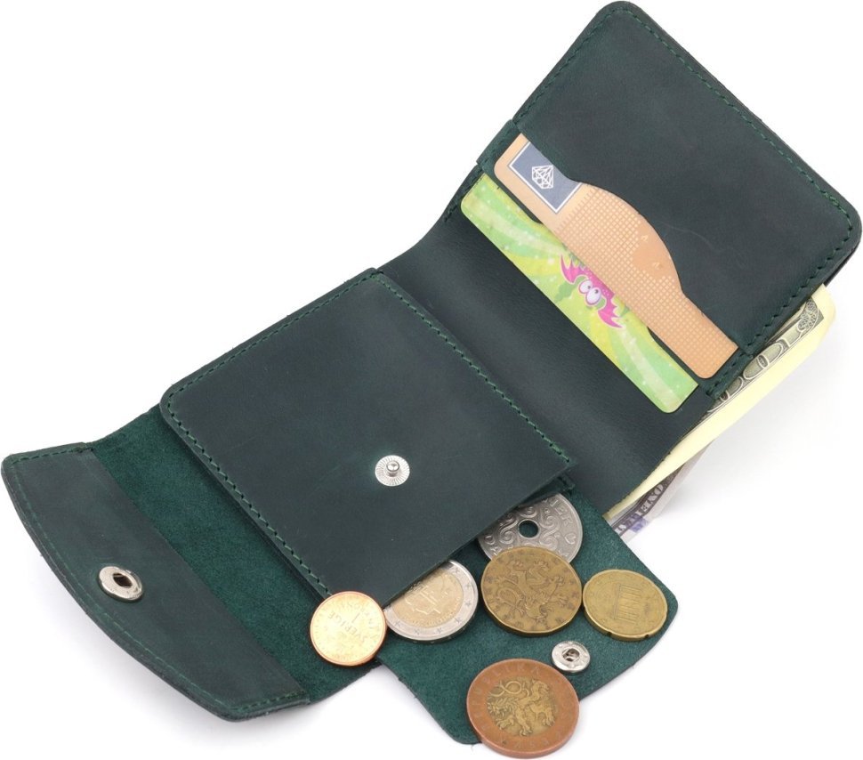 Зелений гаманець горизонтального типу вінтажної шкіри на кнопці Shvigel (2416615)