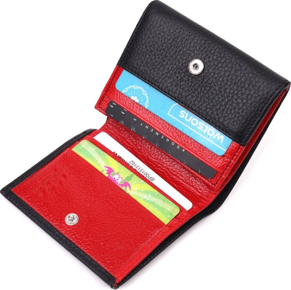 Чорно-червоний жіночий гаманець із натуральної фактурної шкіри з монетницею KARYA (2421382)