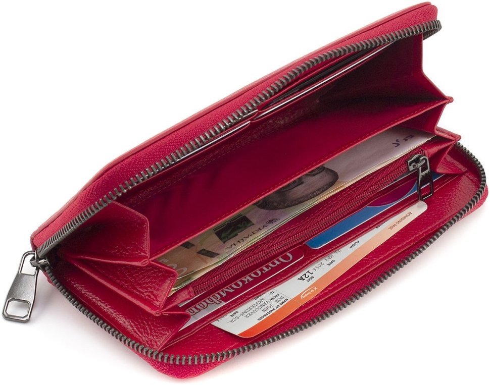 Довгий жіночий гаманець із натуральної шкіри червоного кольору на блискавці Marco Coverna 68680