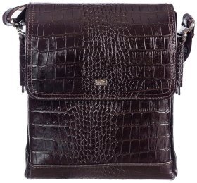Кожаная мужская сумка-планшет коричневого цвета с тиснением под крокодила DESISAN 80381