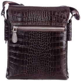 Кожаная мужская сумка-планшет коричневого цвета с тиснением под крокодила DESISAN 80381