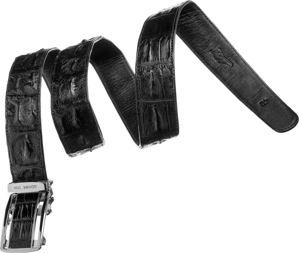 Чорний ремінь-автомат зі справжньої шкіри крокодила для джинс або брюк CROCODILE LEATHER (024-18236)