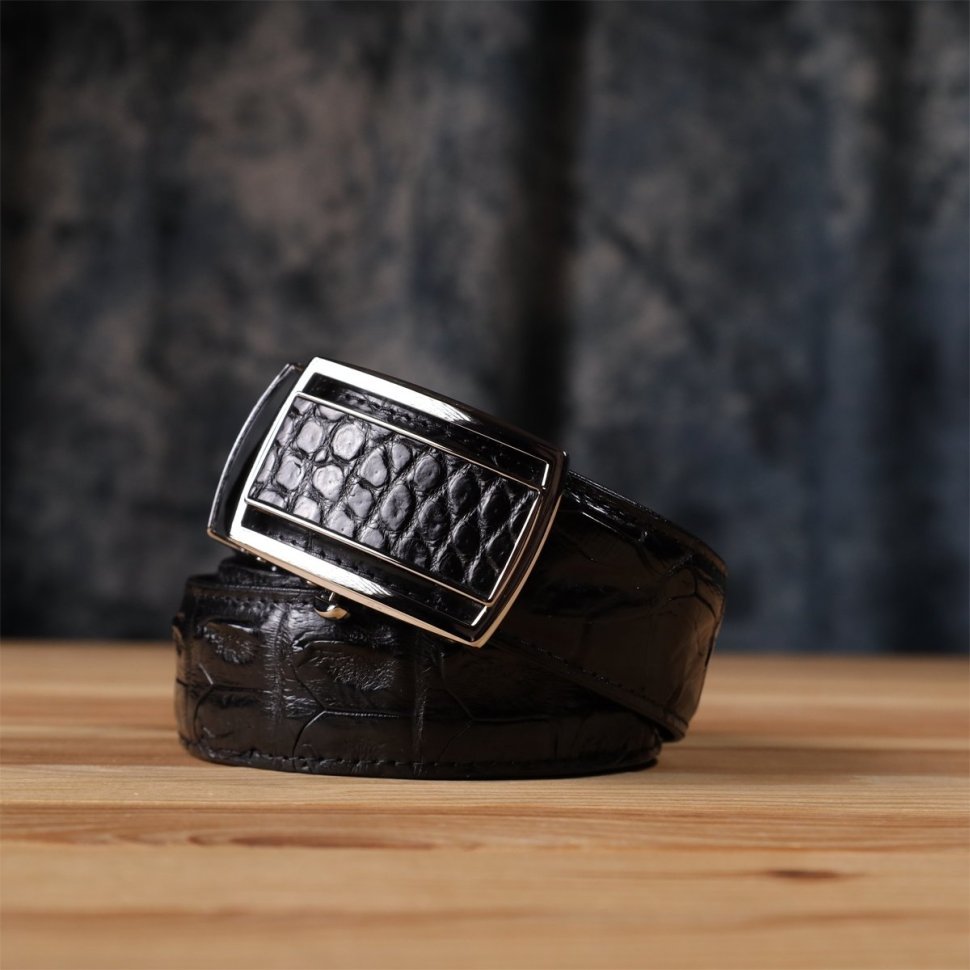 Чорний ремінь-автомат зі справжньої шкіри крокодила для джинс або брюк CROCODILE LEATHER (024-18236) modnotak фото №10