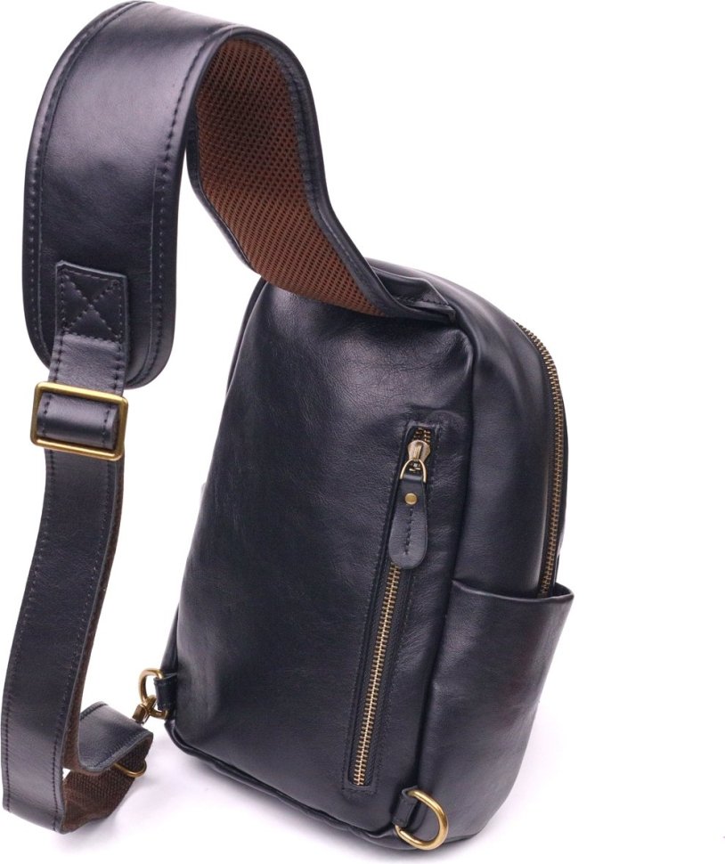 Мужская черная сумка-рюкзак через плечо из натуральной кожи гладкого типа Vintage (2421286)