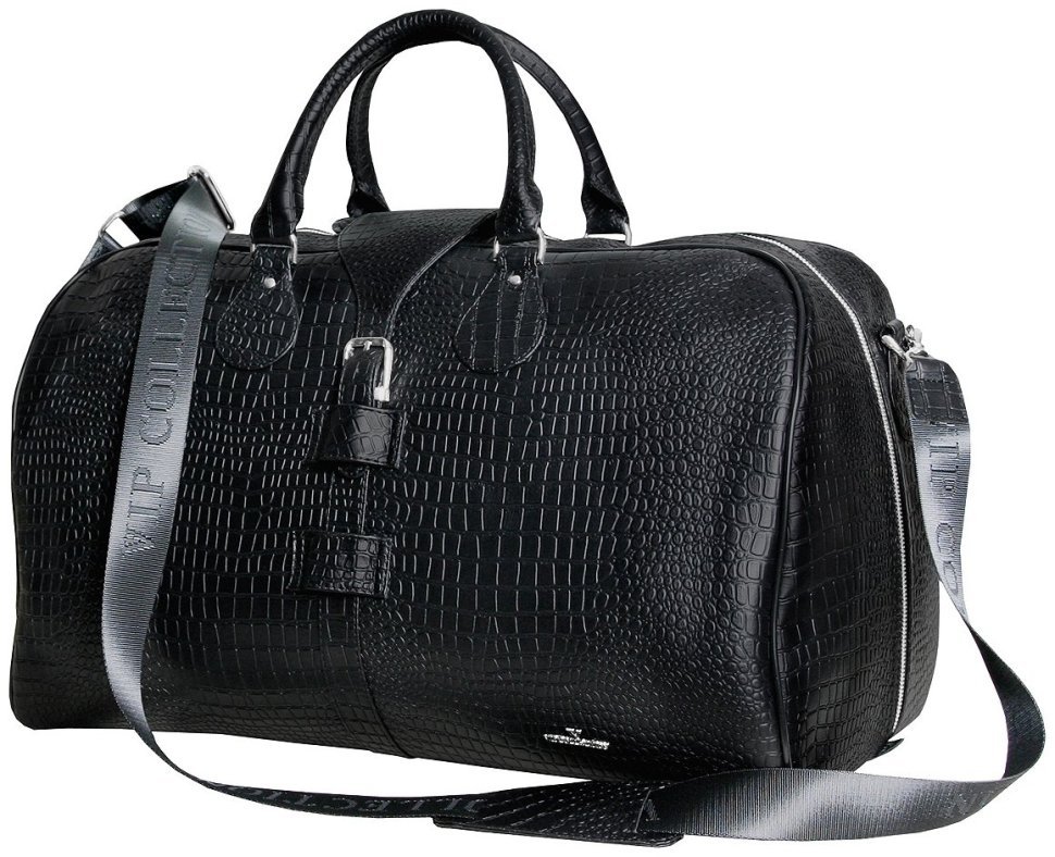 Дорожная сумка саквояж черного цвета из натуральной кожи под рептилию Vip Collection 102681 modnotak фото №1