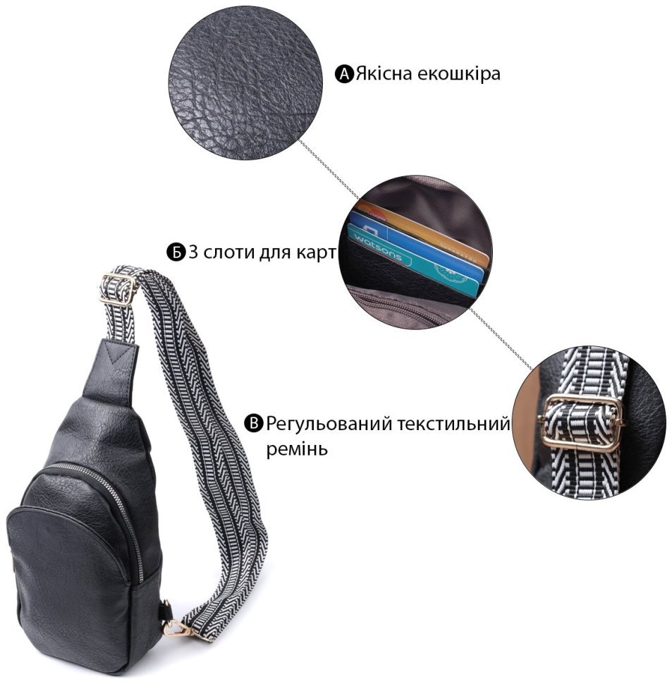 Сумка через плечо из экокожи с текстильной лямкой Vintage 22781 Черная фото №4 Сумка через плечо из экокожи с текстильной лямкой Vintage 22781 Черная modnotak фото №4