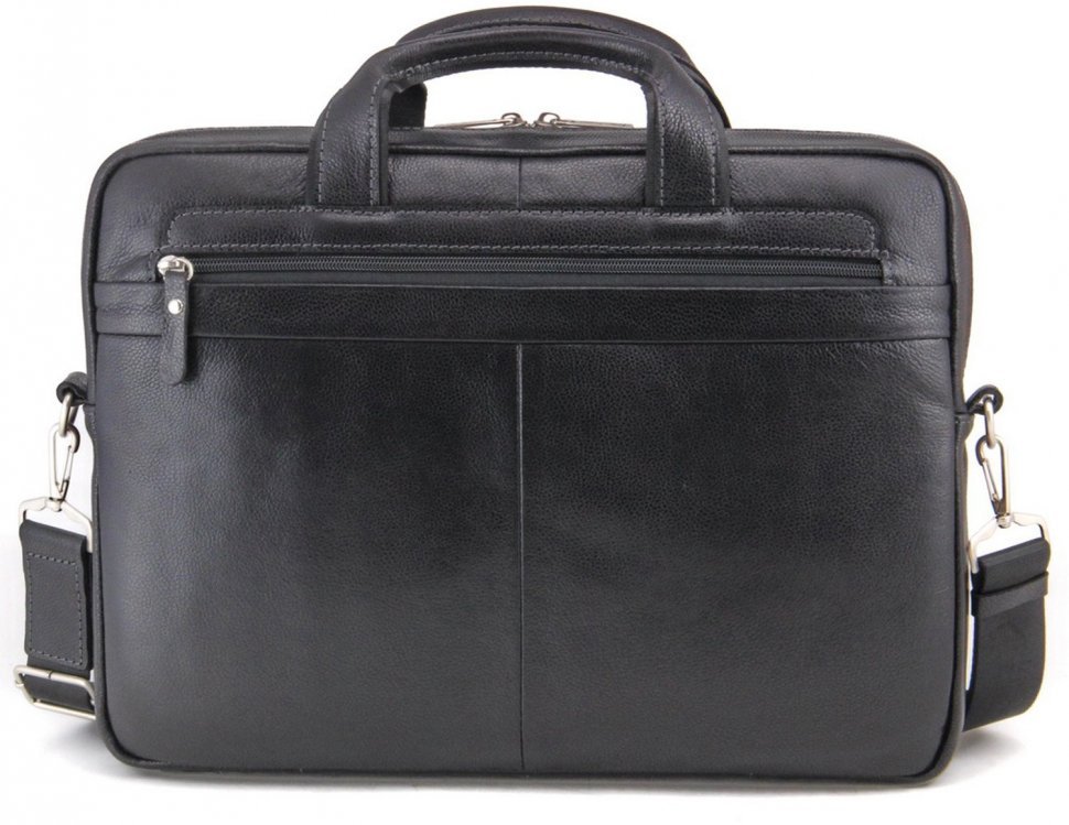 Черная мужская сумка под ноутбук из натуральной кожи на молнии Tom Stone (10986)