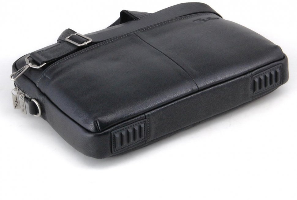 Черная мужская сумка под ноутбук из натуральной кожи на молнии Tom Stone (10986)