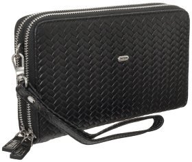 Черная мужская барсетка-клатч из плетеной кожи с кистевым ремешком DESISAN 80782