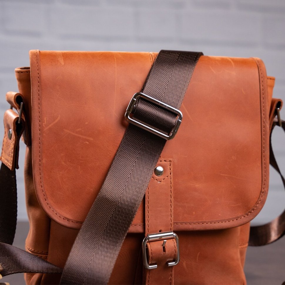 Мужская светло-коричневая сумка из натуральной кожи с эффектом под винтаж SHVIGEL (00883)