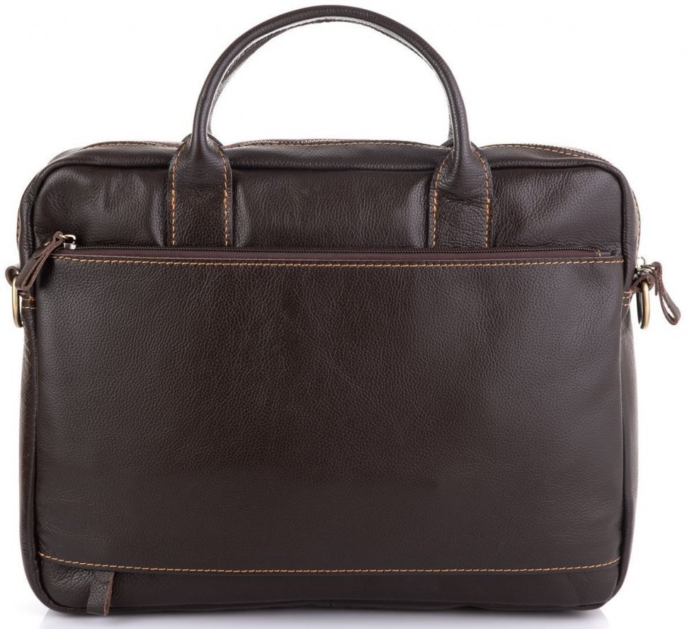 Качественная мужская сумка для ноутбука коричневого цвета с яркой строчкой Allan Marco (15856)