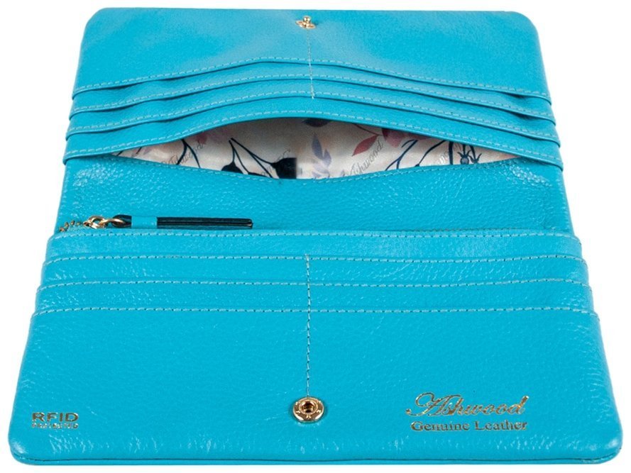Качественный женский кошелек из натуральной зернистой кожи с RFID-защитой Ashwood J56 94182 голубого цвета modnotak фото №4