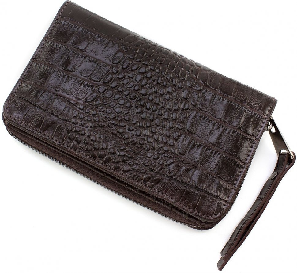 Вертикальний гаманець коричневого кольору з натуральної шкіри під рептилію Tony Bellucci (10803)