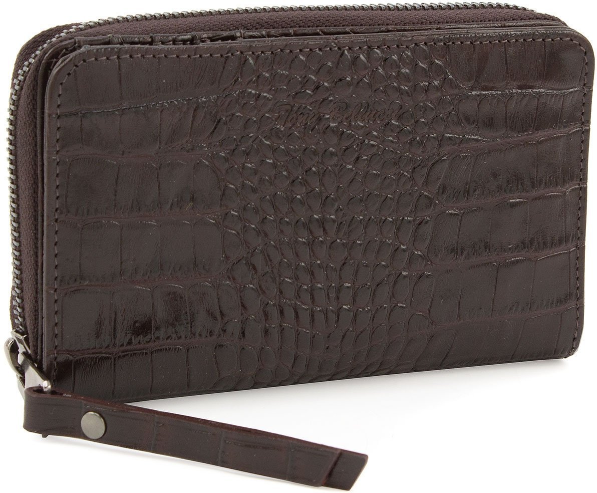 Вертикальний гаманець коричневого кольору з натуральної шкіри під рептилію Tony Bellucci (10803)