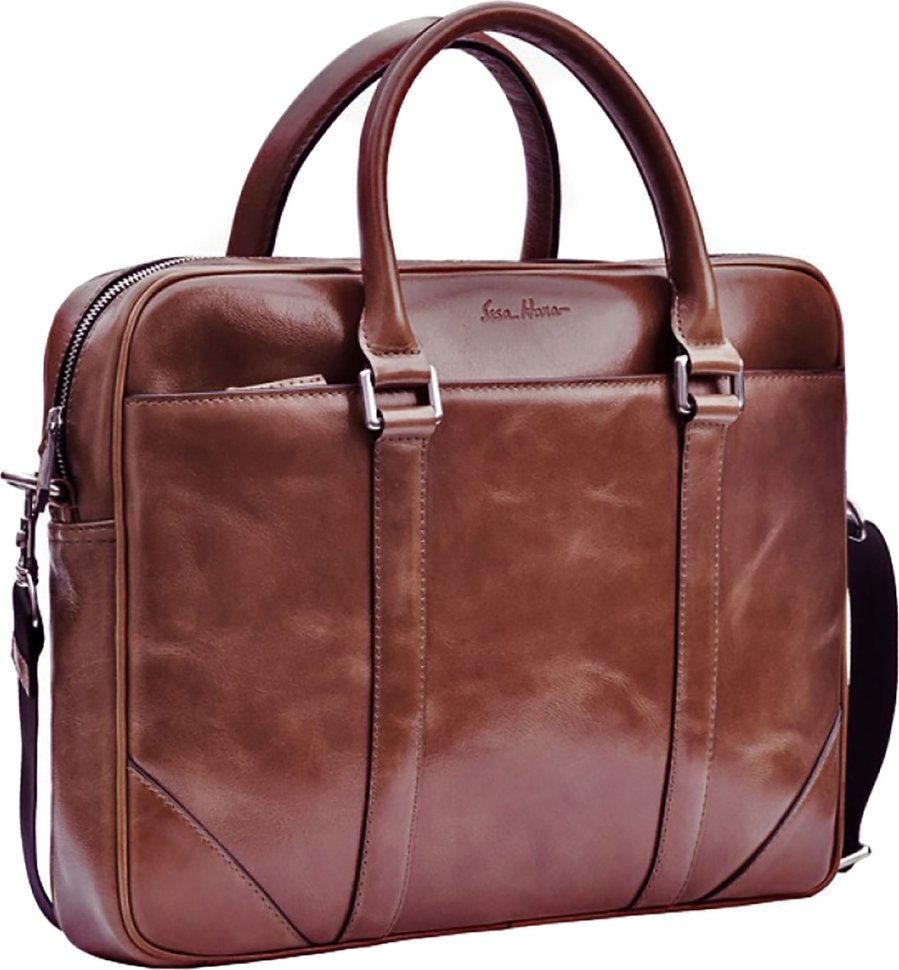 Деловая мужская сумка для ноутбука в коричневом цвете с ручками Issa Hara (21193)
