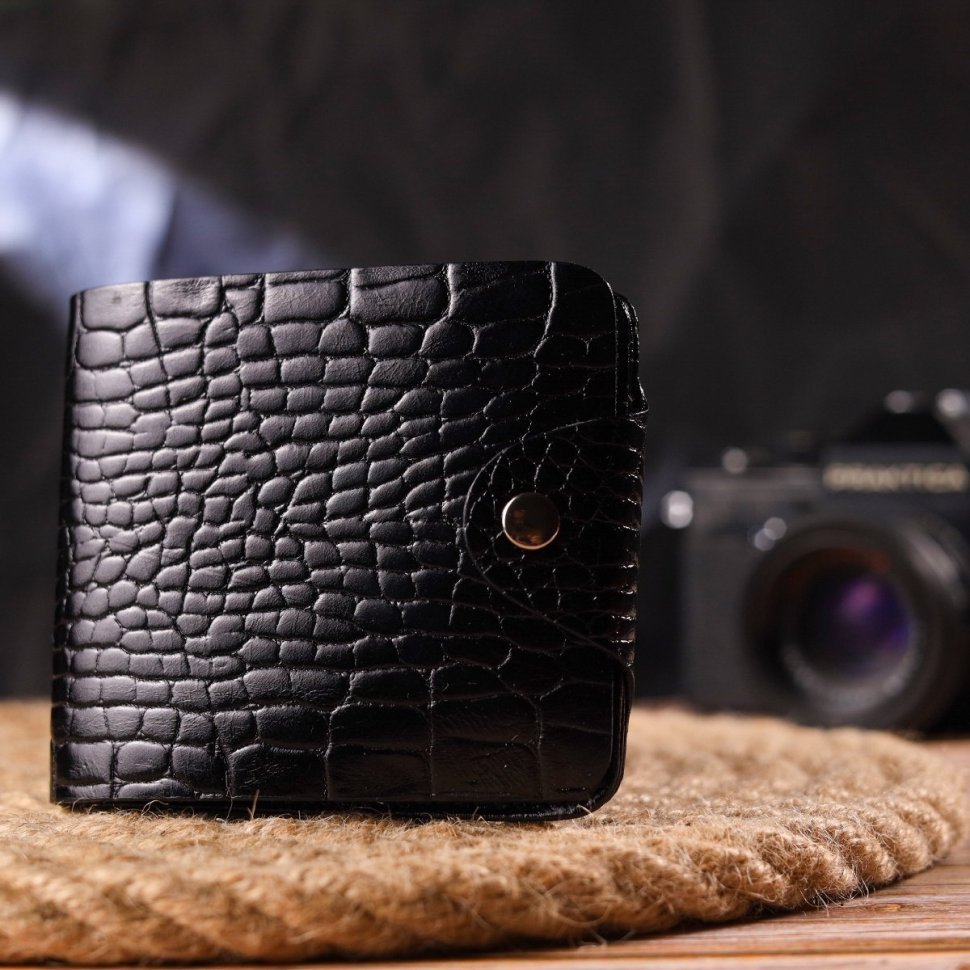 Черное мужское портмоне турецкого производства из натуральной кожи с тиснением под крокодила CANPELLINI (2421572)