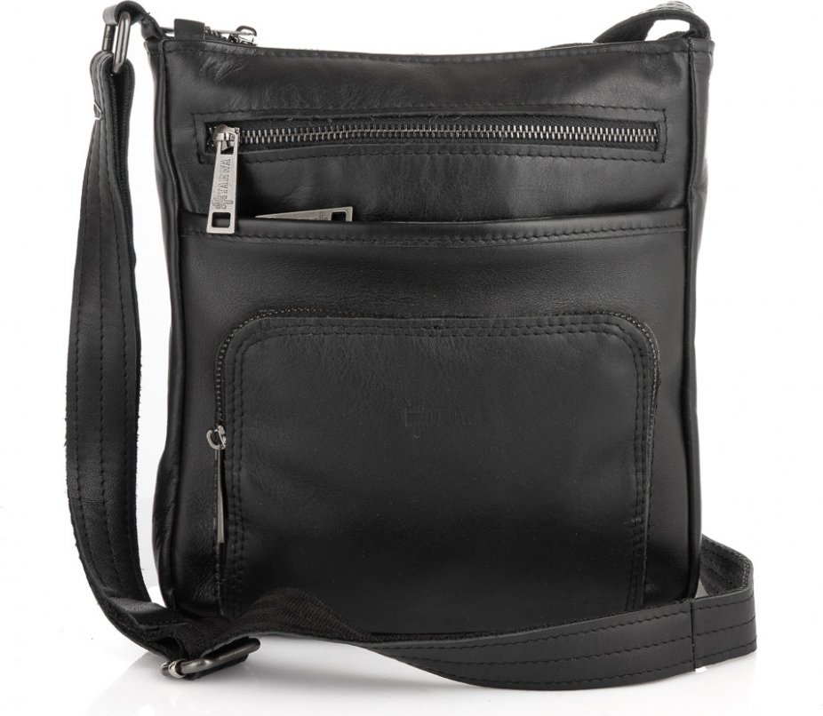 Классическая мужская сумка-планшет через плечо из натуральной черной кожи TARWA (21671)