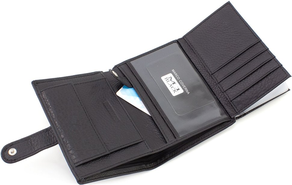 Вертикальный кожаный мужской бумажник черного цвета с блоком под документы Marco Coverna (21586)