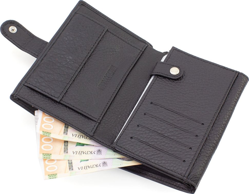 Вертикальний шкіряний чоловічий гаманець чорного кольору із блоком під документи Marco Coverna (21586)