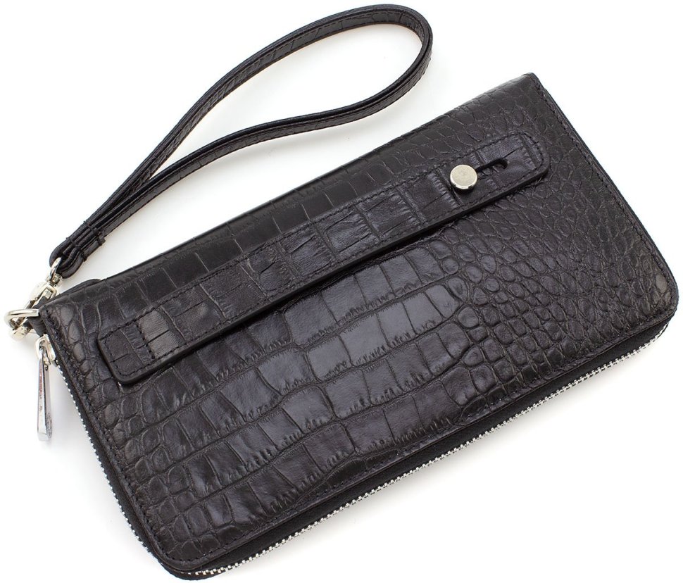 Мужской клатч черного цвета из натуральной кожи с тиснением под крокодила KARYA (0704-53)