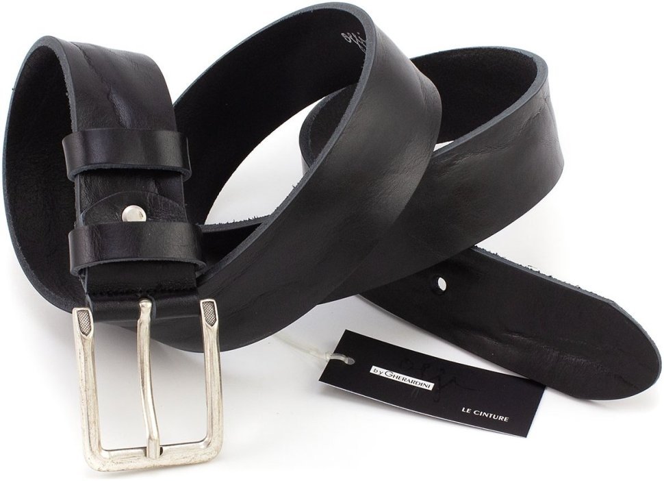 Широкий мужской ремень из качественной кожи итальянского производства с винтажной пряжкой Gherardini 40738-GH-black черного цвета
