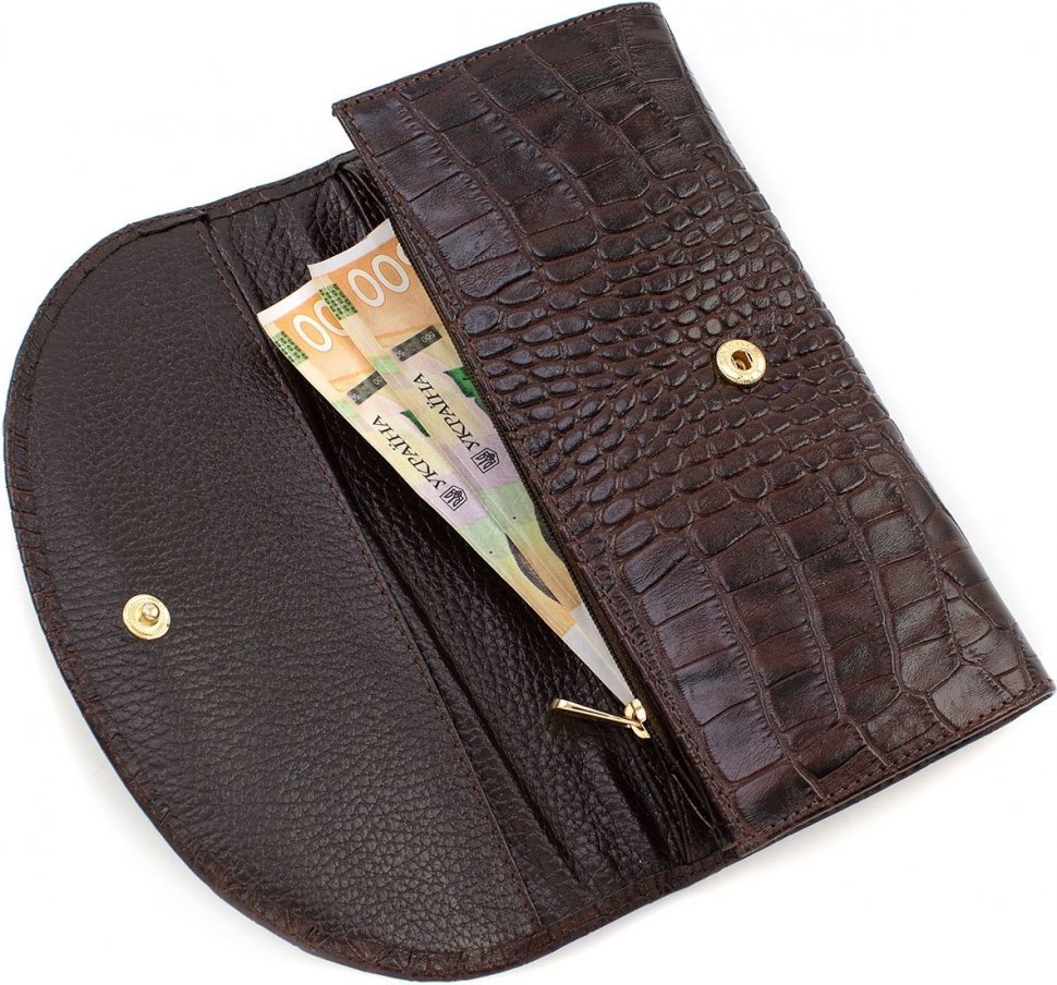 Великий жіночий гаманець з натуральної шкіри коричневого кольору під крокодила Tony Bellucci (12471)