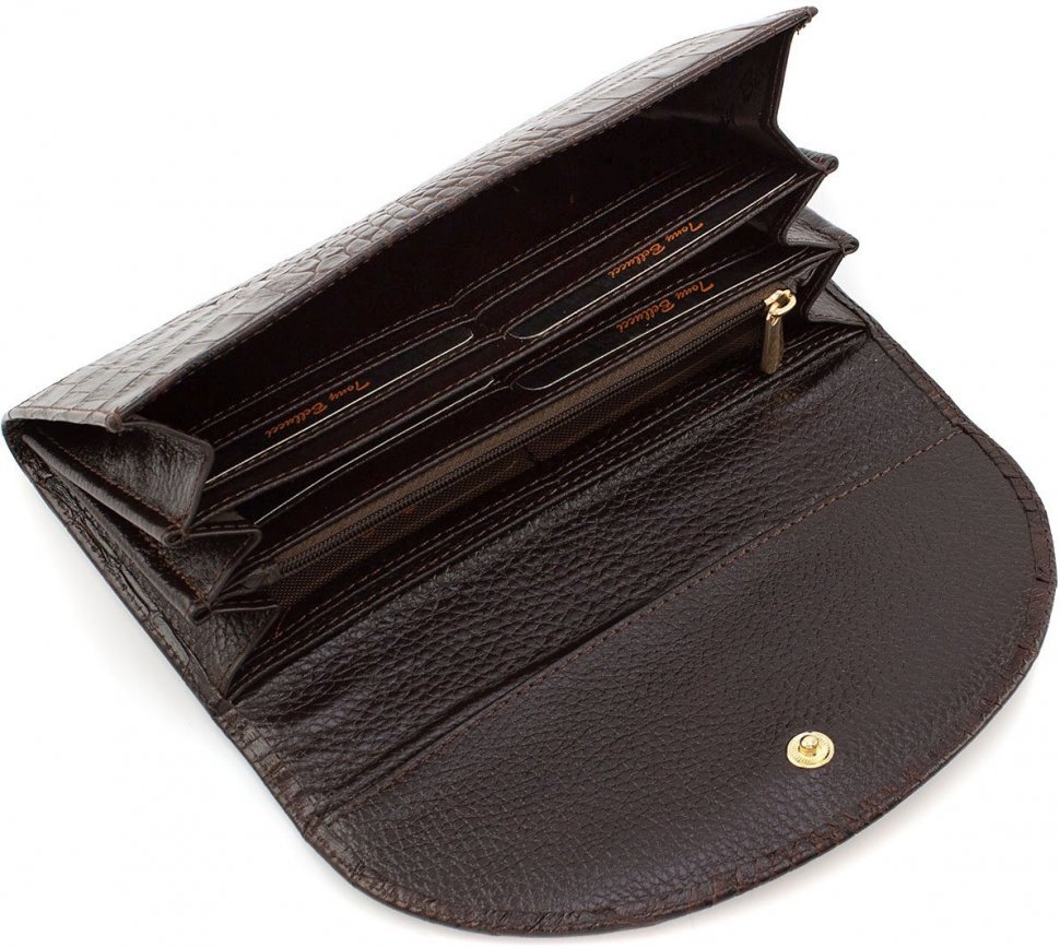 Великий жіночий гаманець з натуральної шкіри коричневого кольору під крокодила Tony Bellucci (12471)