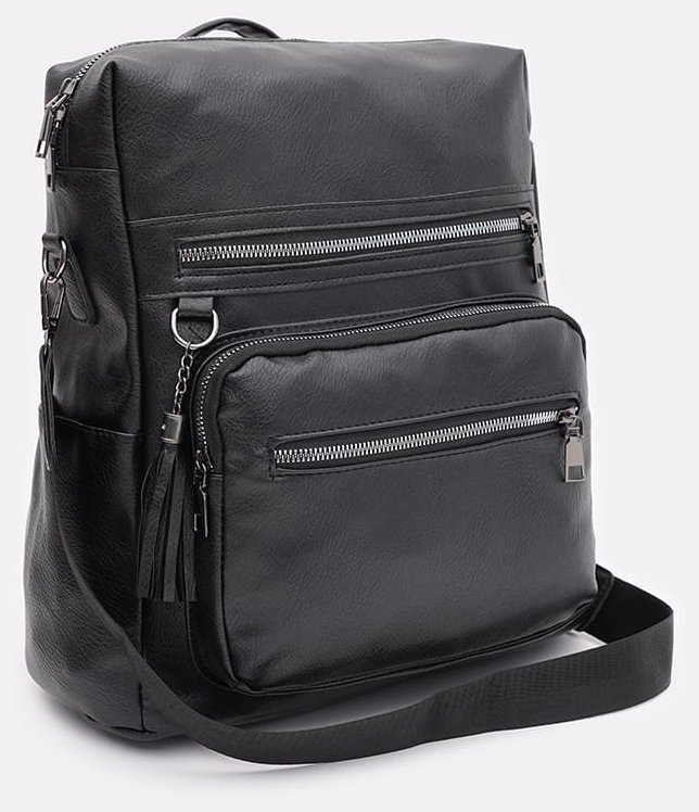 Великий жіночий рюкзак-сумка з екошкіри чорного кольору на блискавці Monsen 71784