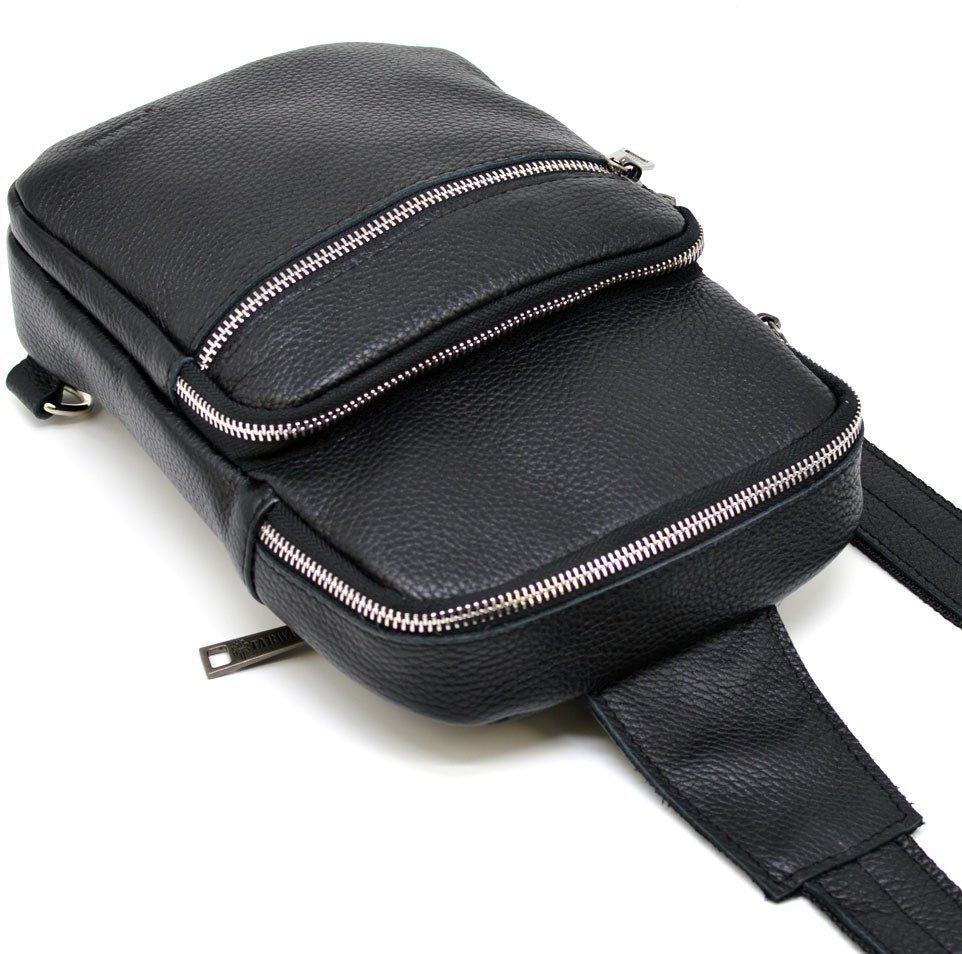 Черный мужской слинг-рюкзак из натуральной кожи на одну шлейку TARWA (19646)