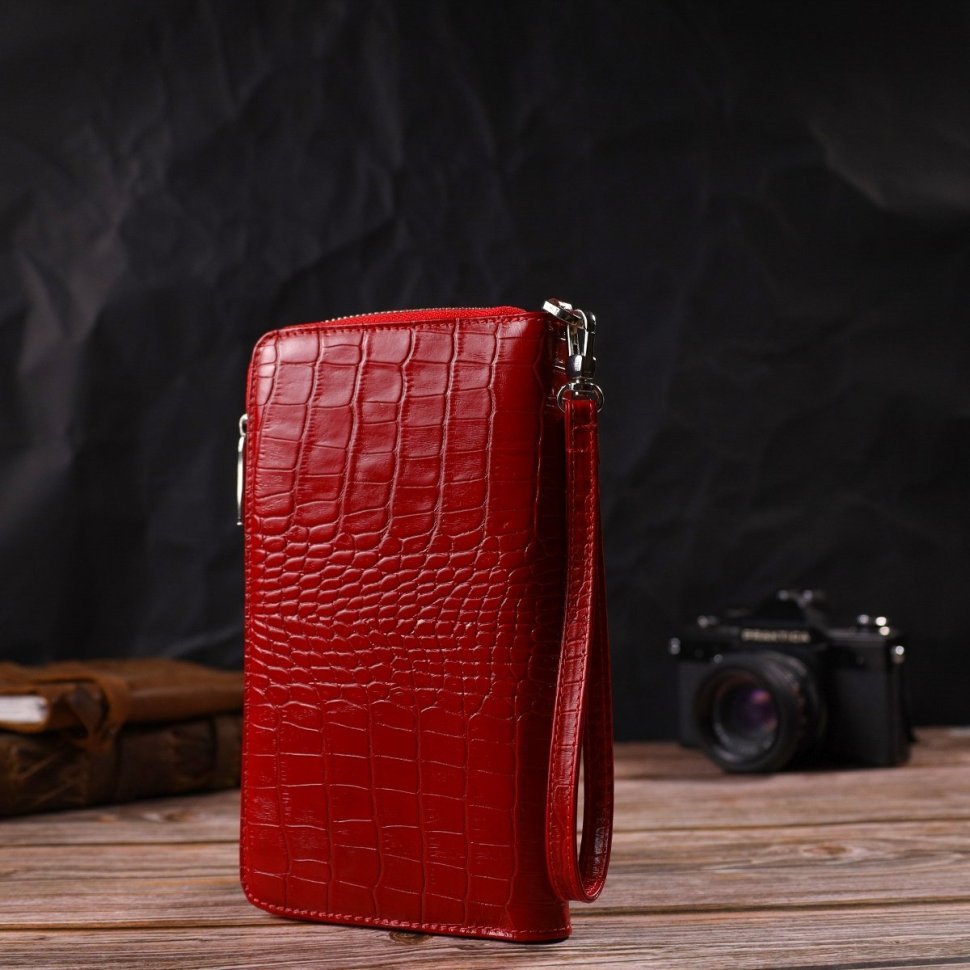 Жіночий червоний гаманець з натуральної шкіри з тисненням під крокодила CANPELLINI (2421920)