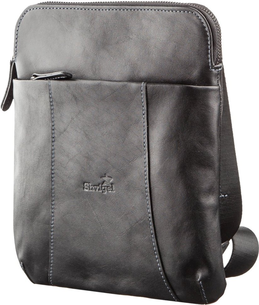 Чорна стильна чоловіча сумка-планшет на плече із вінтажної шкіри Shvigel (11177)