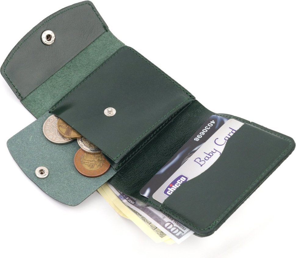 Зелений шкіряний гаманець компактного розміру на кнопці Shvigel (2416619)