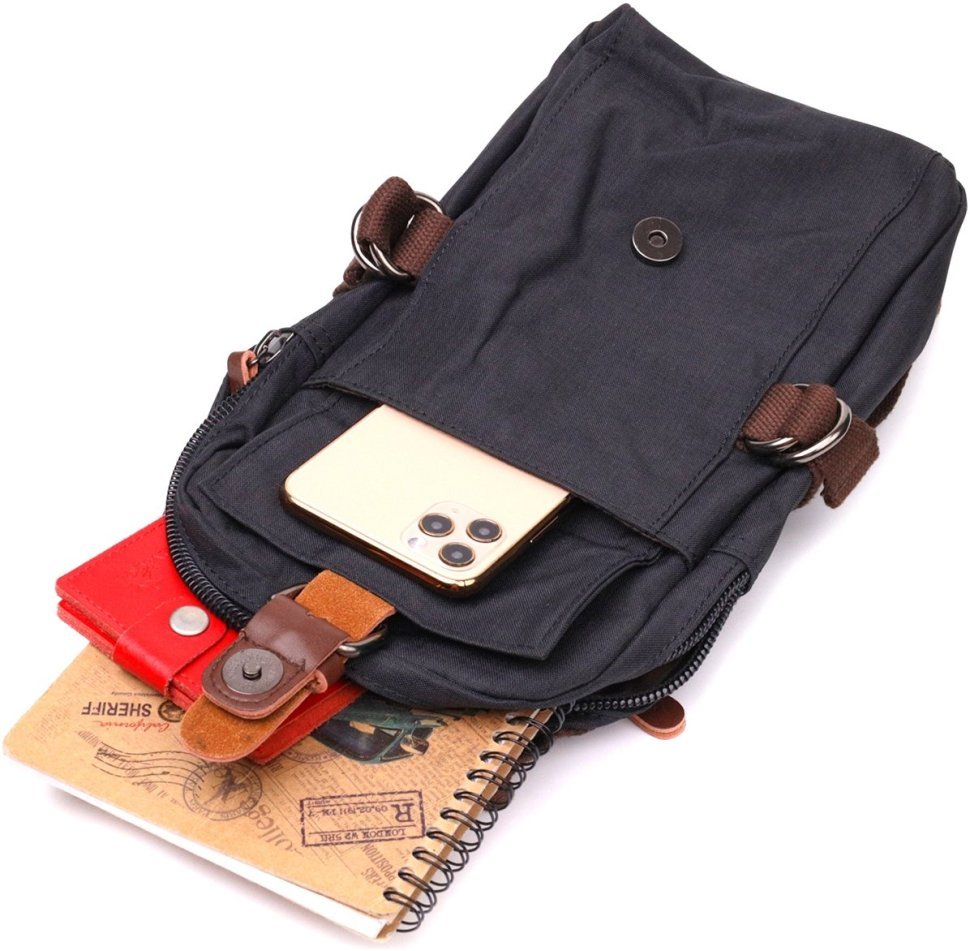 Черная мужская сумка-слинг из плотного текстиля с молниевой застежкой Vintage 2422187