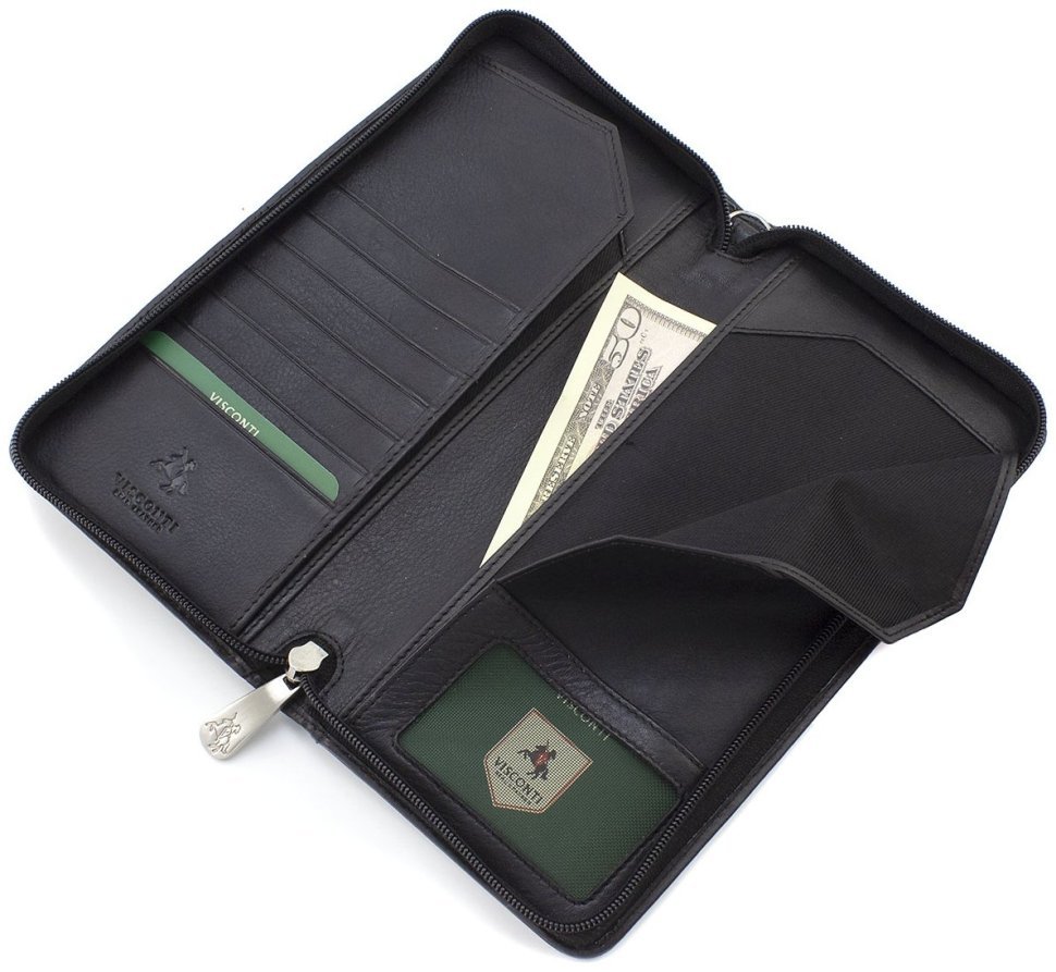 Дорожній гаманець з натуральної шкіри чорного кольору із зап'ястковим ремінцем Visconti 68884